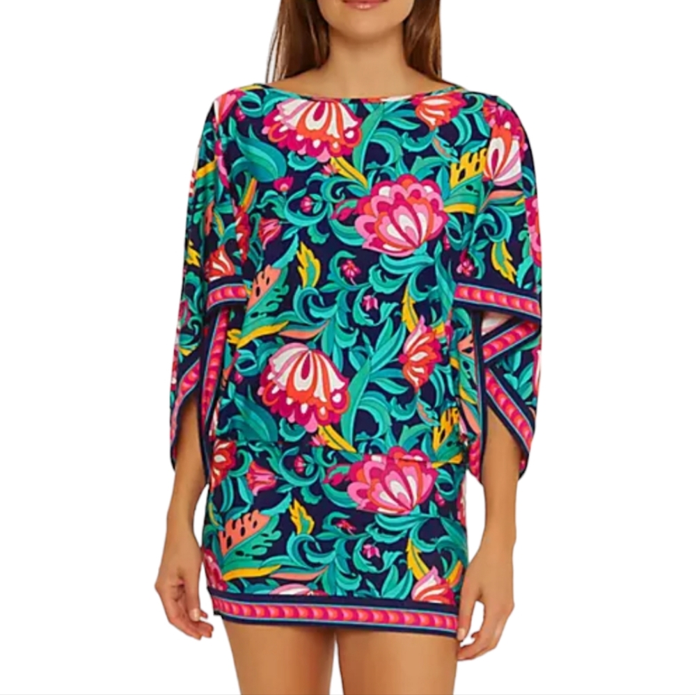 Trina Turk Pink and Blue Swim Coverup with Vibrant Floral Print LARGE